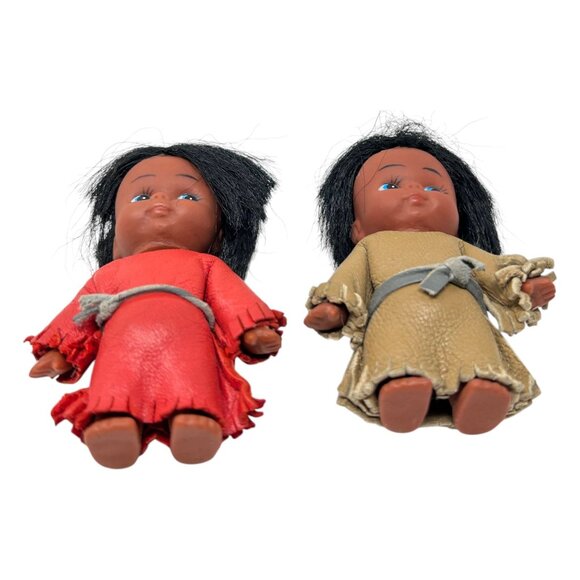 Vintage Carlson Dolls Native American Set Of 2 In Leather Outfits Black Hair - Picture 7 of 12